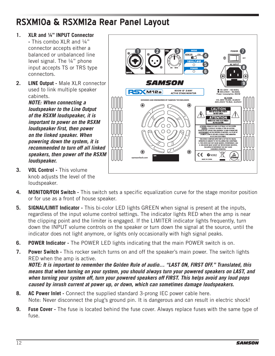 Rsxm10a & rsxm12a rear panel layout | Samson RSXM10A - 800W 2-Way Active Stage Monitor (10") User Manual | Page 12 / 20