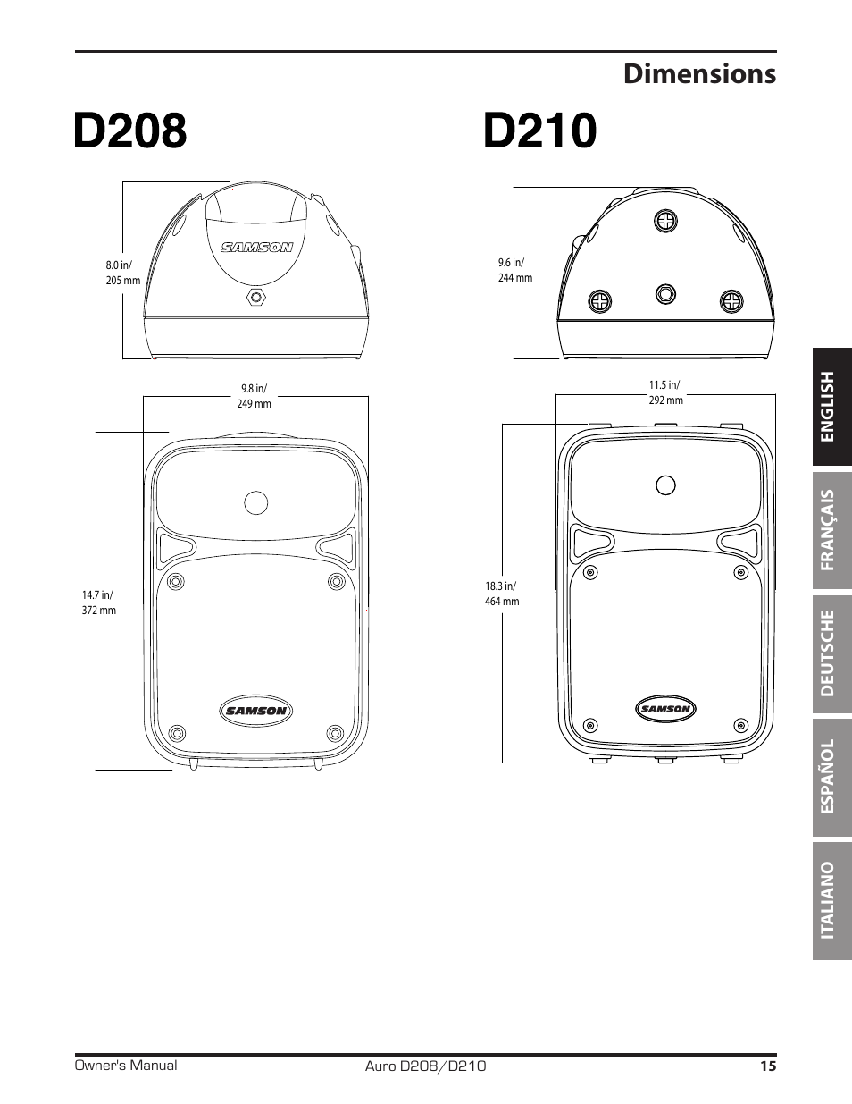 Dimensions | Samson D210A 2-Way Active Loudspeaker User Manual | Page 15 / 64