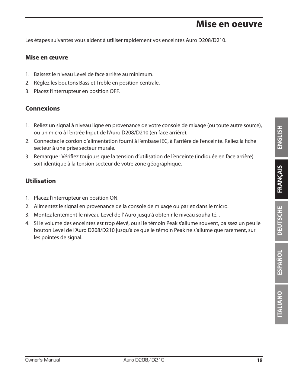 Mise en oeuvre | Samson D210A 2-Way Active Loudspeaker User Manual | Page 19 / 64