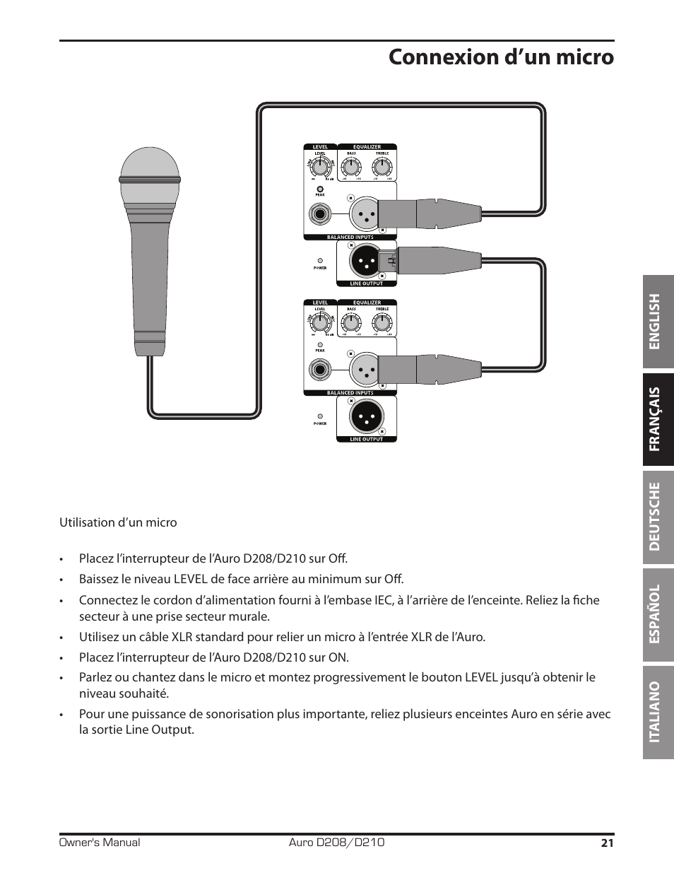 Connexion d’un micro | Samson D210A 2-Way Active Loudspeaker User Manual | Page 21 / 64