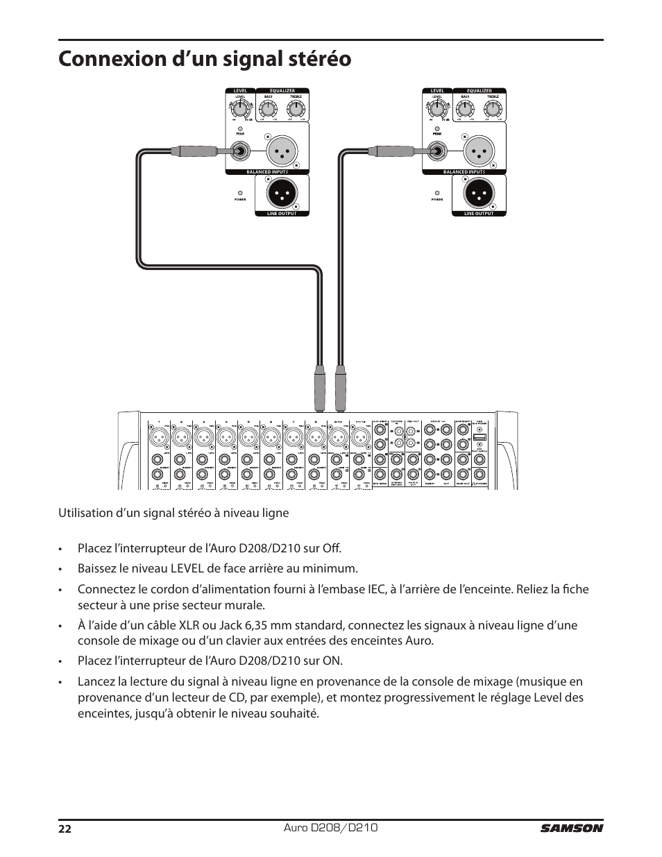 Connexion d’un signal stéréo | Samson D210A 2-Way Active Loudspeaker User Manual | Page 22 / 64