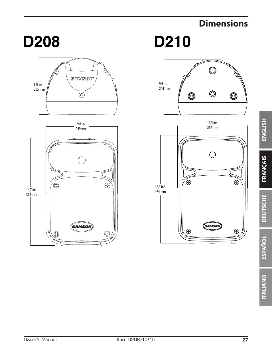 Dimensions | Samson D210A 2-Way Active Loudspeaker User Manual | Page 27 / 64