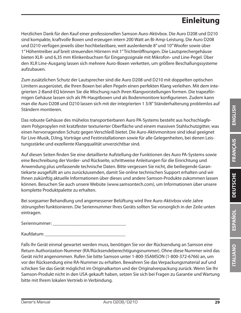 Einleitung | Samson D210A 2-Way Active Loudspeaker User Manual | Page 29 / 64