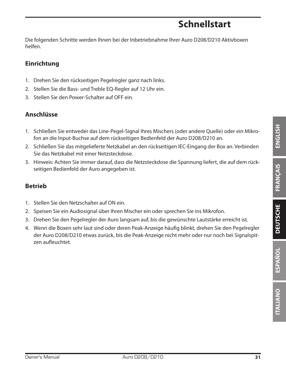 Schnellstart | Samson D210A 2-Way Active Loudspeaker User Manual | Page 31 / 64