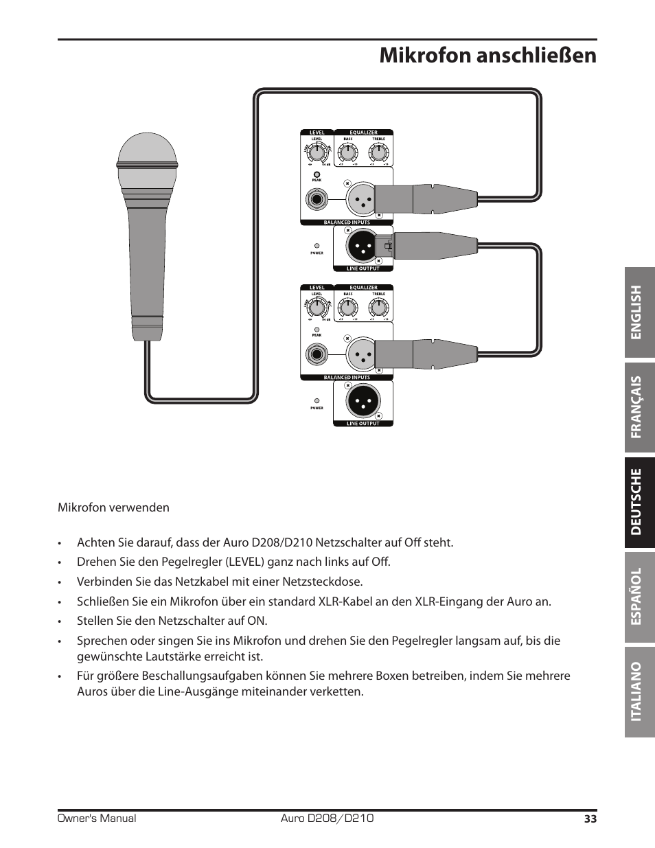 Mikrofon anschließen | Samson D210A 2-Way Active Loudspeaker User Manual | Page 33 / 64