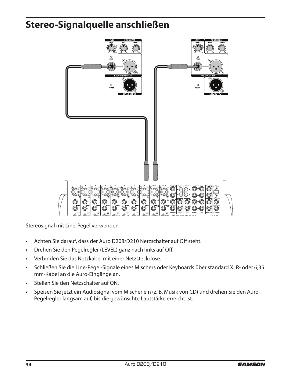 Stereo-signalquelle anschließen | Samson D210A 2-Way Active Loudspeaker User Manual | Page 34 / 64