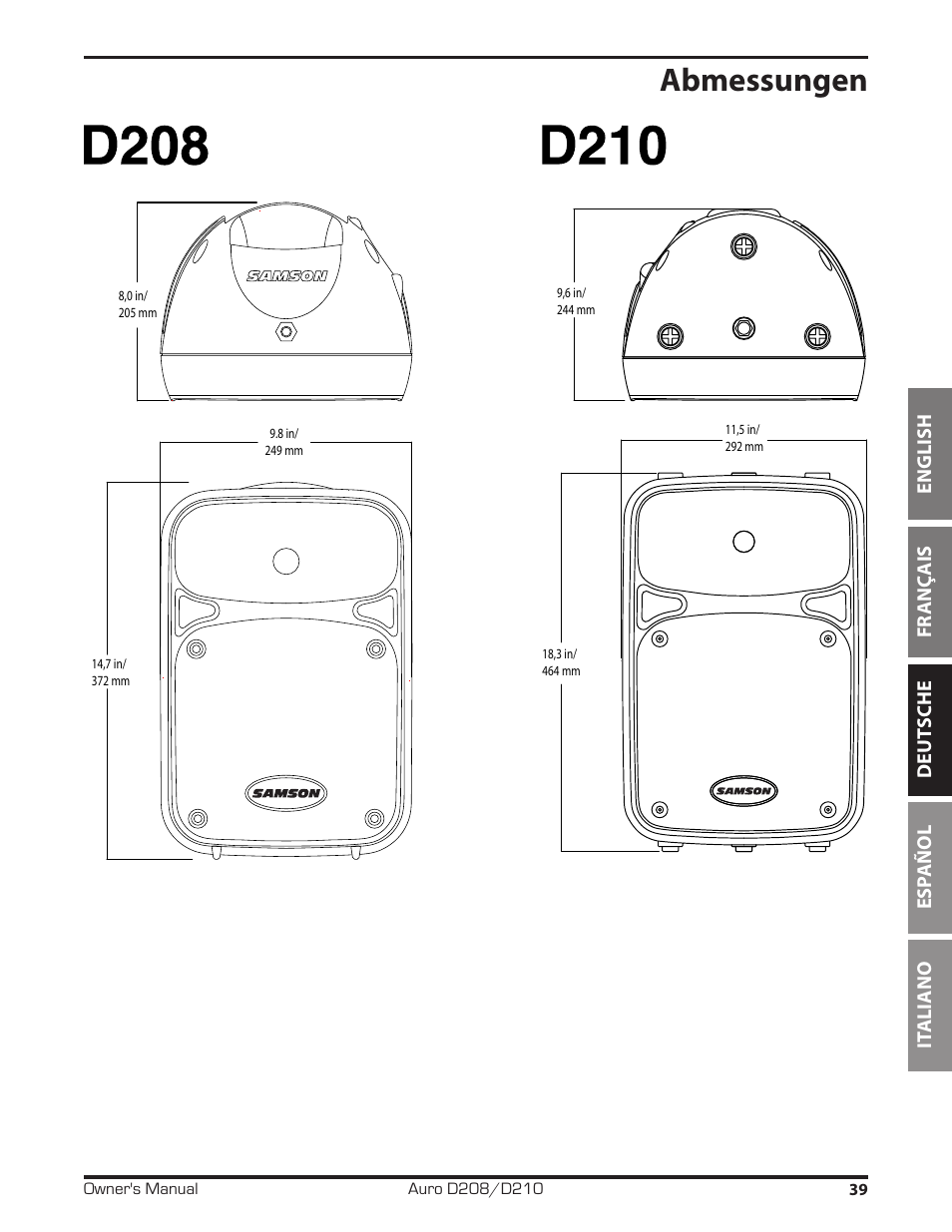 Abmessungen | Samson D210A 2-Way Active Loudspeaker User Manual | Page 39 / 64