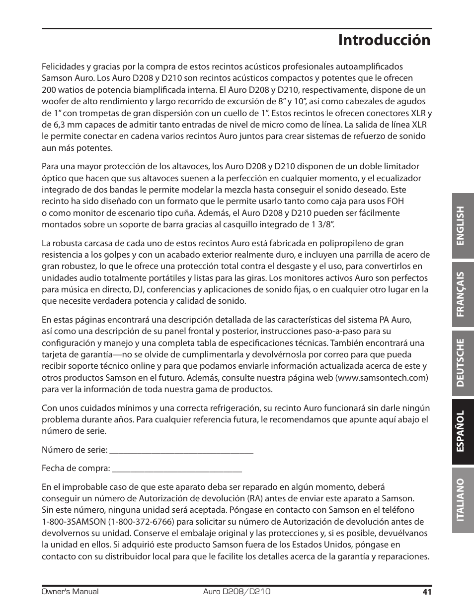 Introducción | Samson D210A 2-Way Active Loudspeaker User Manual | Page 41 / 64