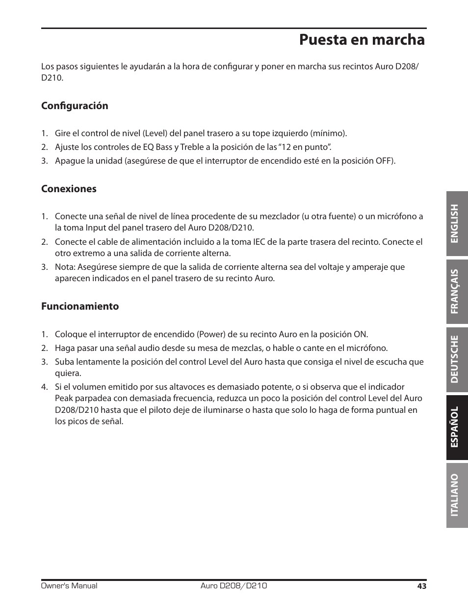 Puesta en marcha | Samson D210A 2-Way Active Loudspeaker User Manual | Page 43 / 64