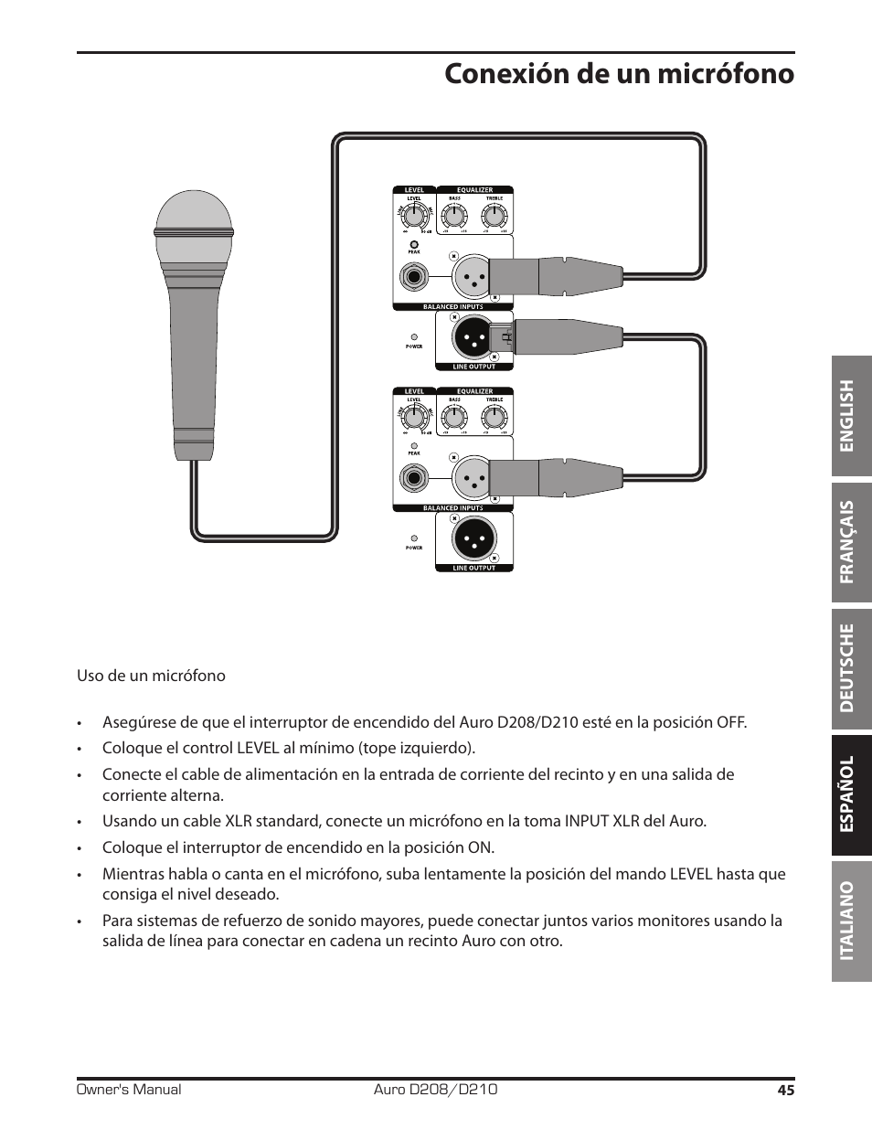 Conexión de un micrófono | Samson D210A 2-Way Active Loudspeaker User Manual | Page 45 / 64