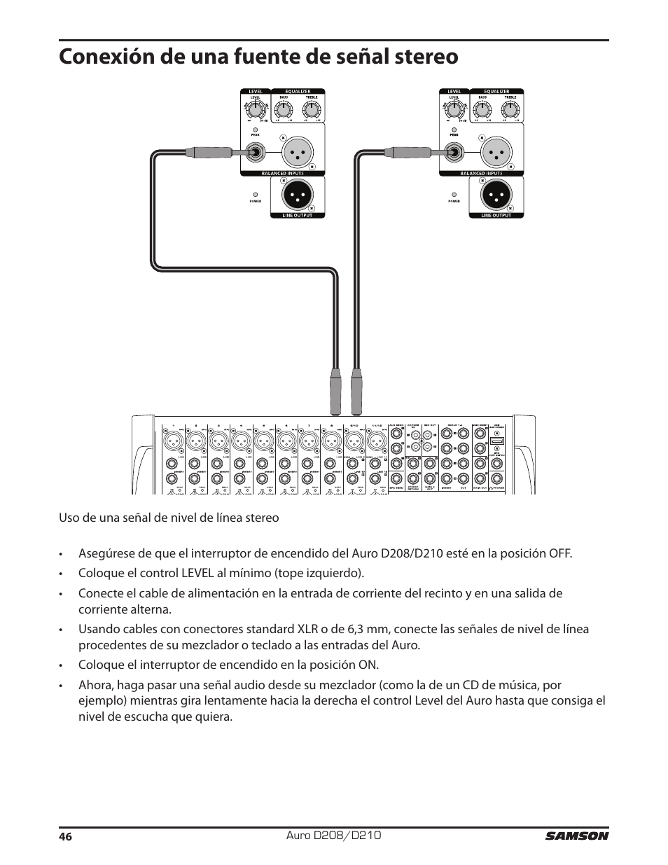 Conexión de una fuente de señal stereo | Samson D210A 2-Way Active Loudspeaker User Manual | Page 46 / 64