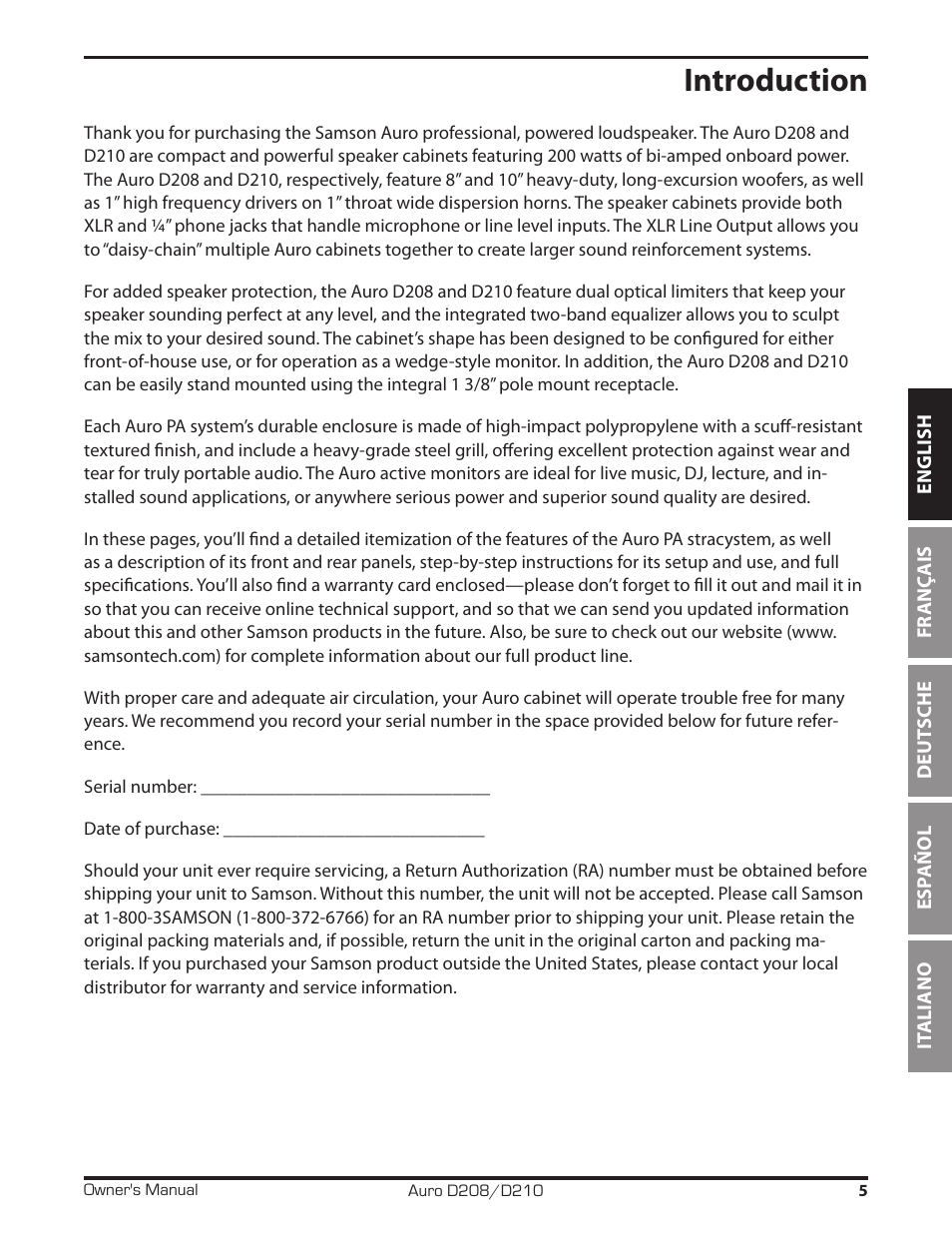 Introduction | Samson D210A 2-Way Active Loudspeaker User Manual | Page 5 / 64