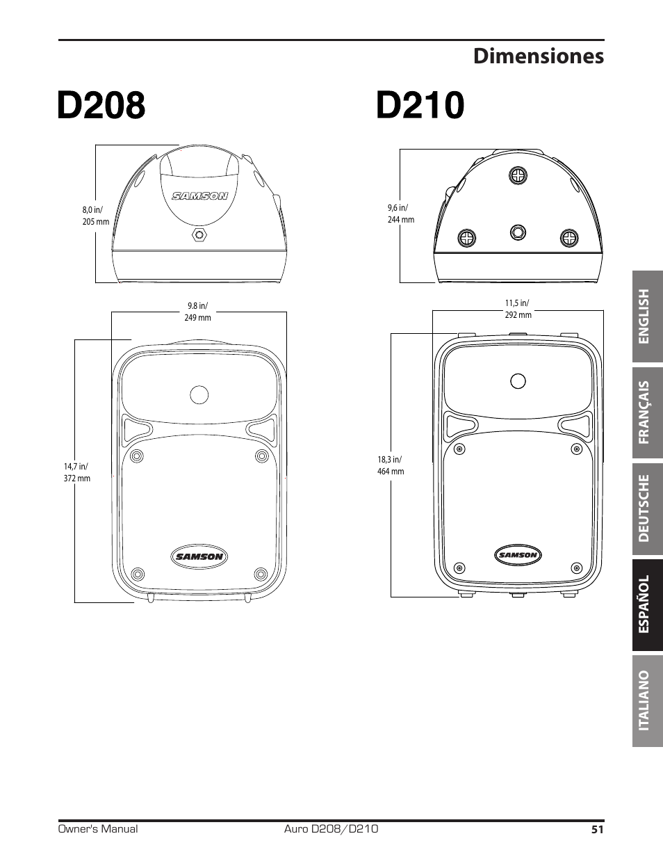 Dimensiones | Samson D210A 2-Way Active Loudspeaker User Manual | Page 51 / 64