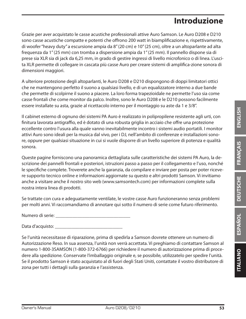 Introduzione | Samson D210A 2-Way Active Loudspeaker User Manual | Page 53 / 64