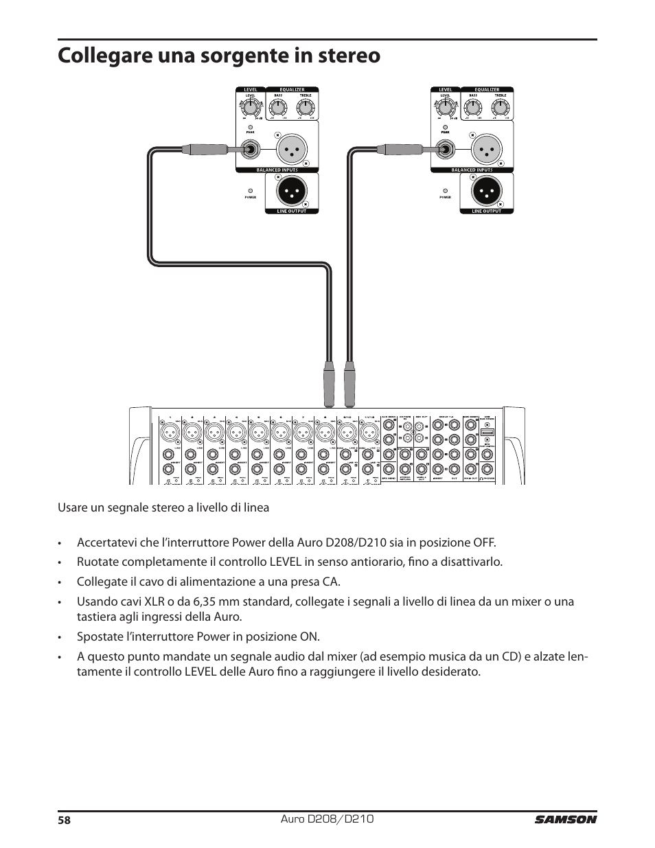 Collegare una sorgente in stereo | Samson D210A 2-Way Active Loudspeaker User Manual | Page 58 / 64