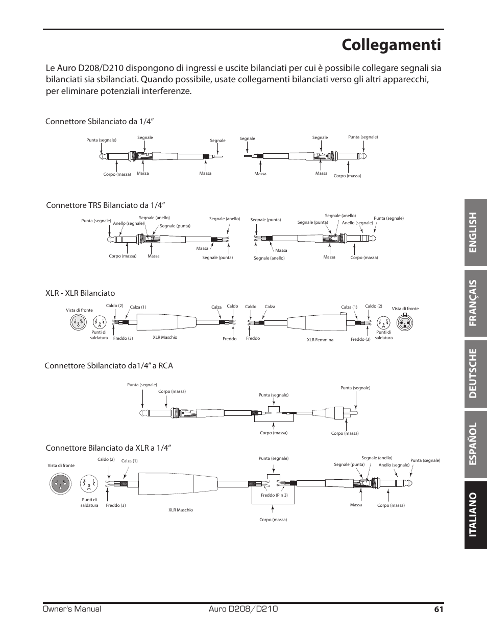 Collegamenti, English fr anç ais deut sche esp añol it aliano | Samson D210A 2-Way Active Loudspeaker User Manual | Page 61 / 64