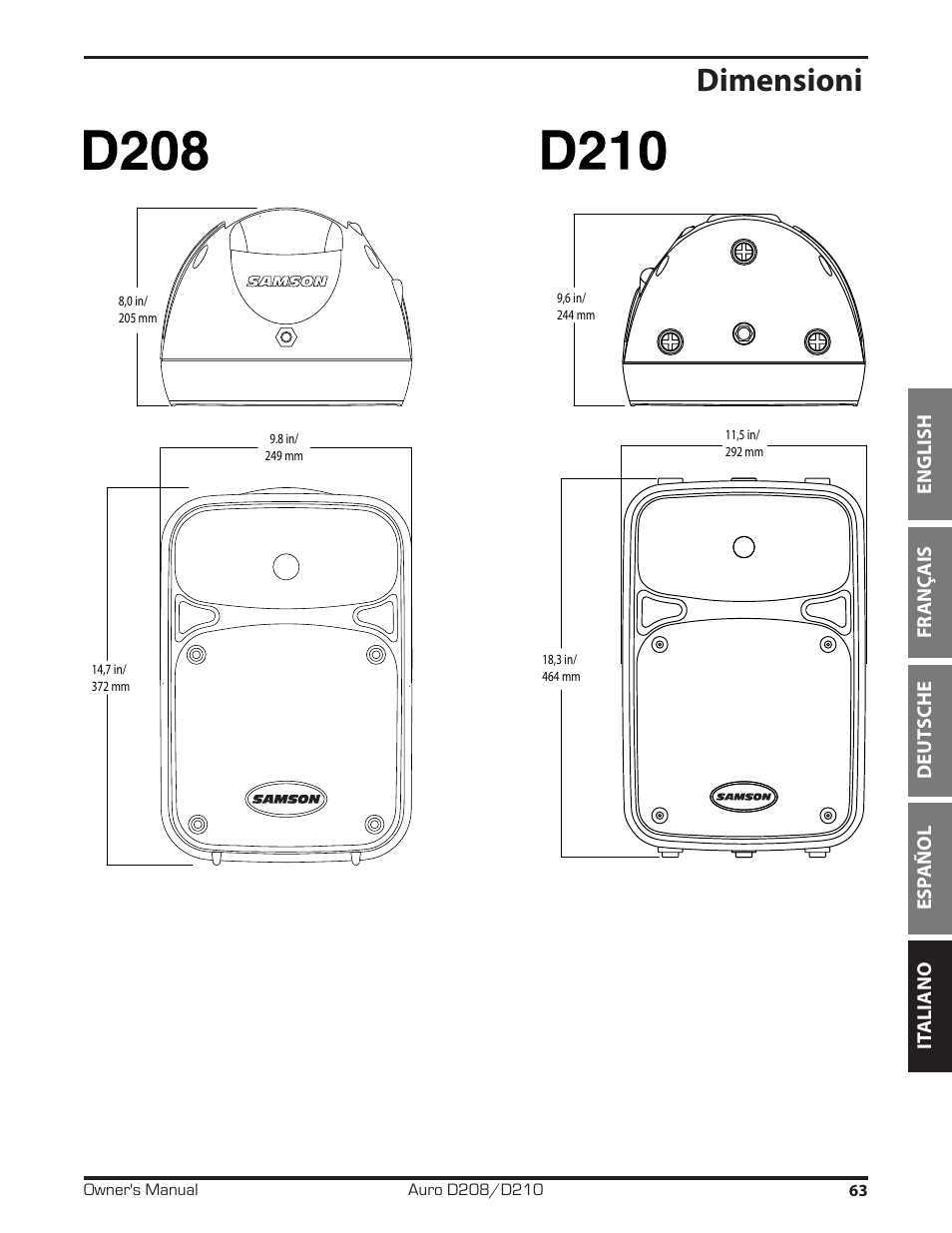 Dimensioni | Samson D210A 2-Way Active Loudspeaker User Manual | Page 63 / 64