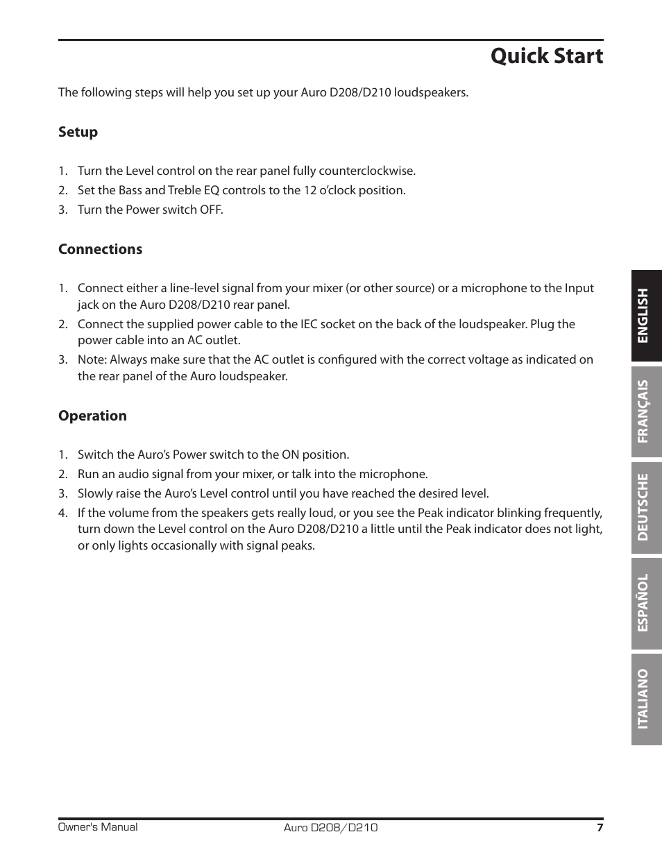 Quick start | Samson D210A 2-Way Active Loudspeaker User Manual | Page 7 / 64