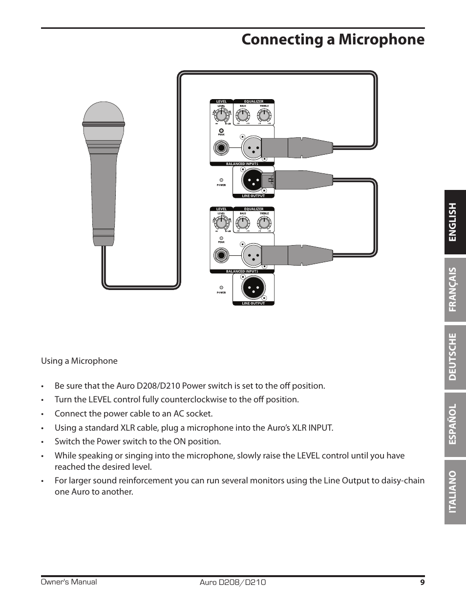 Connecting a microphone | Samson D210A 2-Way Active Loudspeaker User Manual | Page 9 / 64