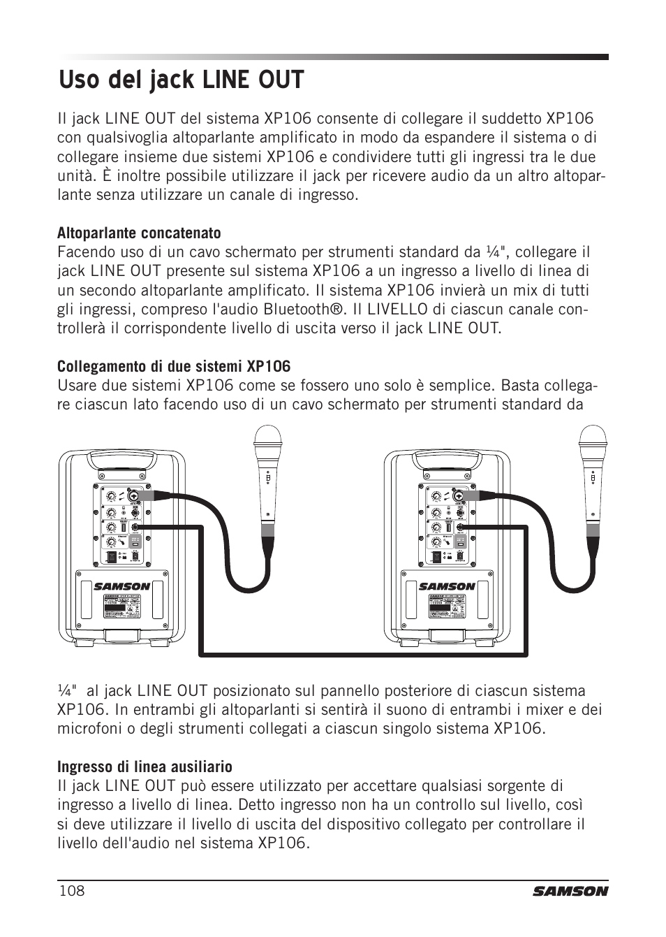 Uso del jack line out | Samson Expedition XP106 Portable PA System with Wired Handheld Mic & Bluetooth User Manual | Page 108 / 112