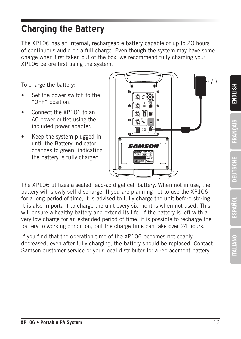 Charging the battery | Samson Expedition XP106 Portable PA System with Wired Handheld Mic & Bluetooth User Manual | Page 13 / 112