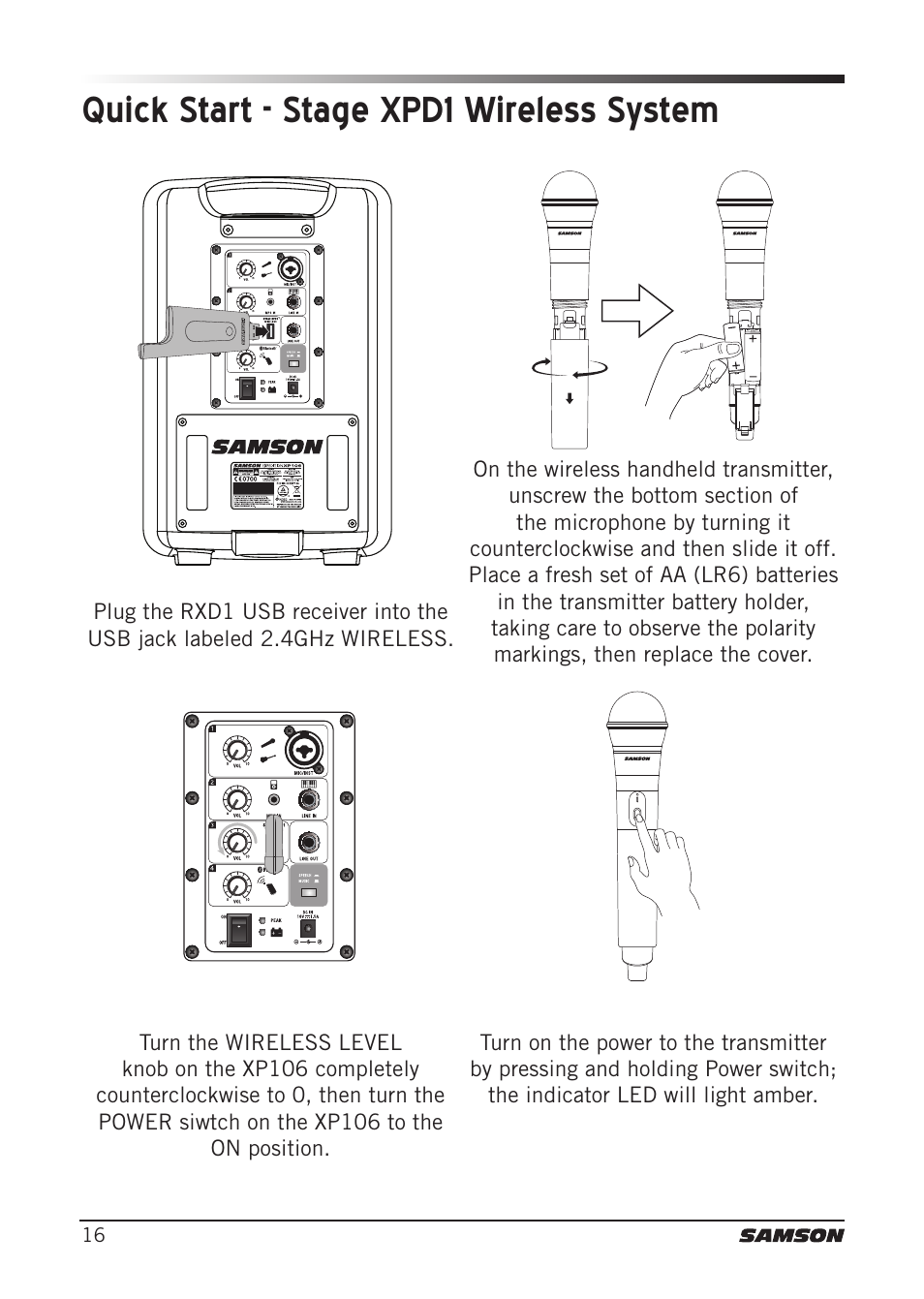 Quick start - stage xpd1 wireless system | Samson Expedition XP106 Portable PA System with Wired Handheld Mic & Bluetooth User Manual | Page 16 / 112