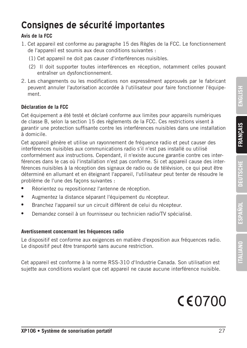 Consignes de sécurité importantes | Samson Expedition XP106 Portable PA System with Wired Handheld Mic & Bluetooth User Manual | Page 27 / 112