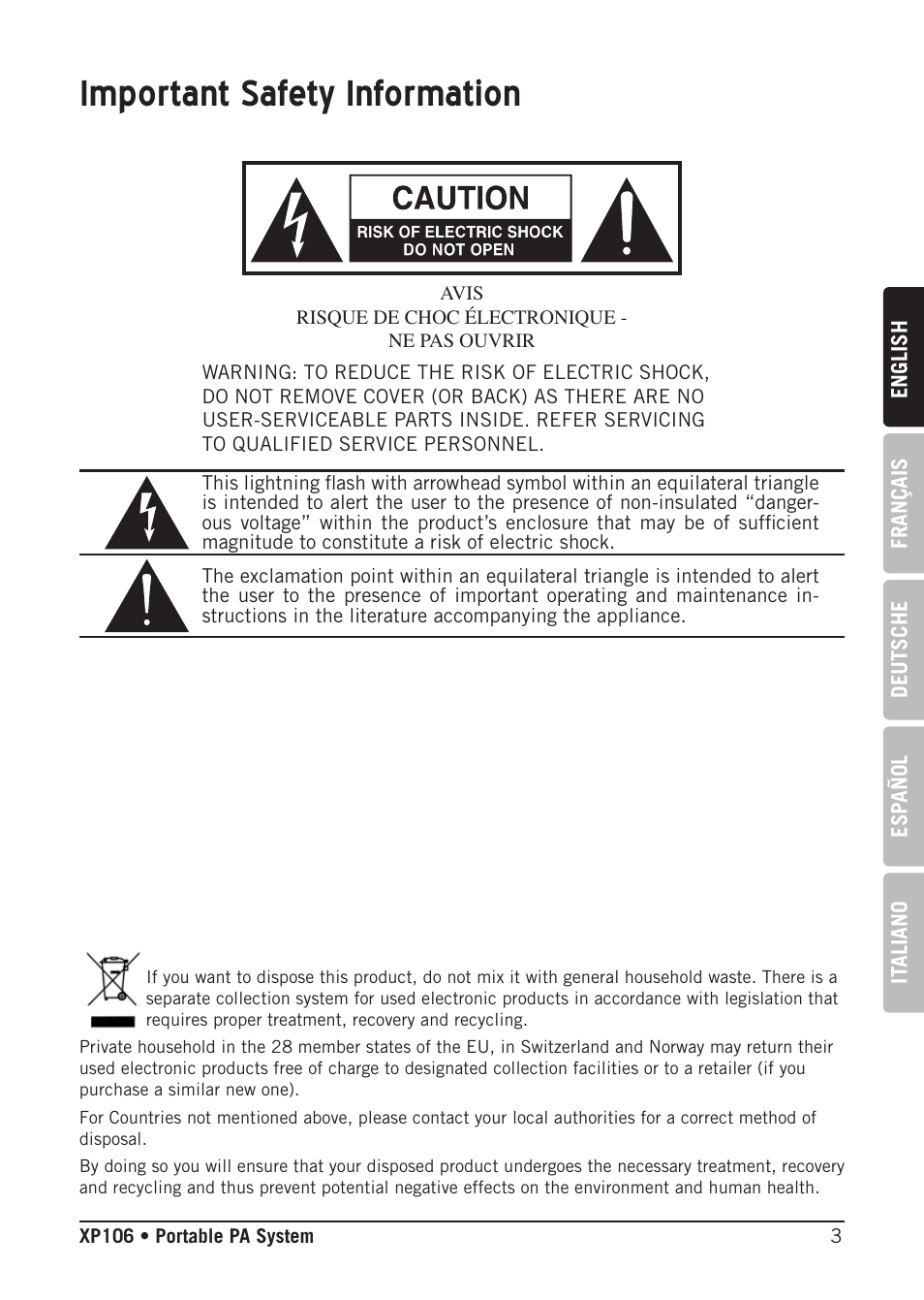 Important safety information | Samson Expedition XP106 Portable PA System with Wired Handheld Mic & Bluetooth User Manual | Page 3 / 112