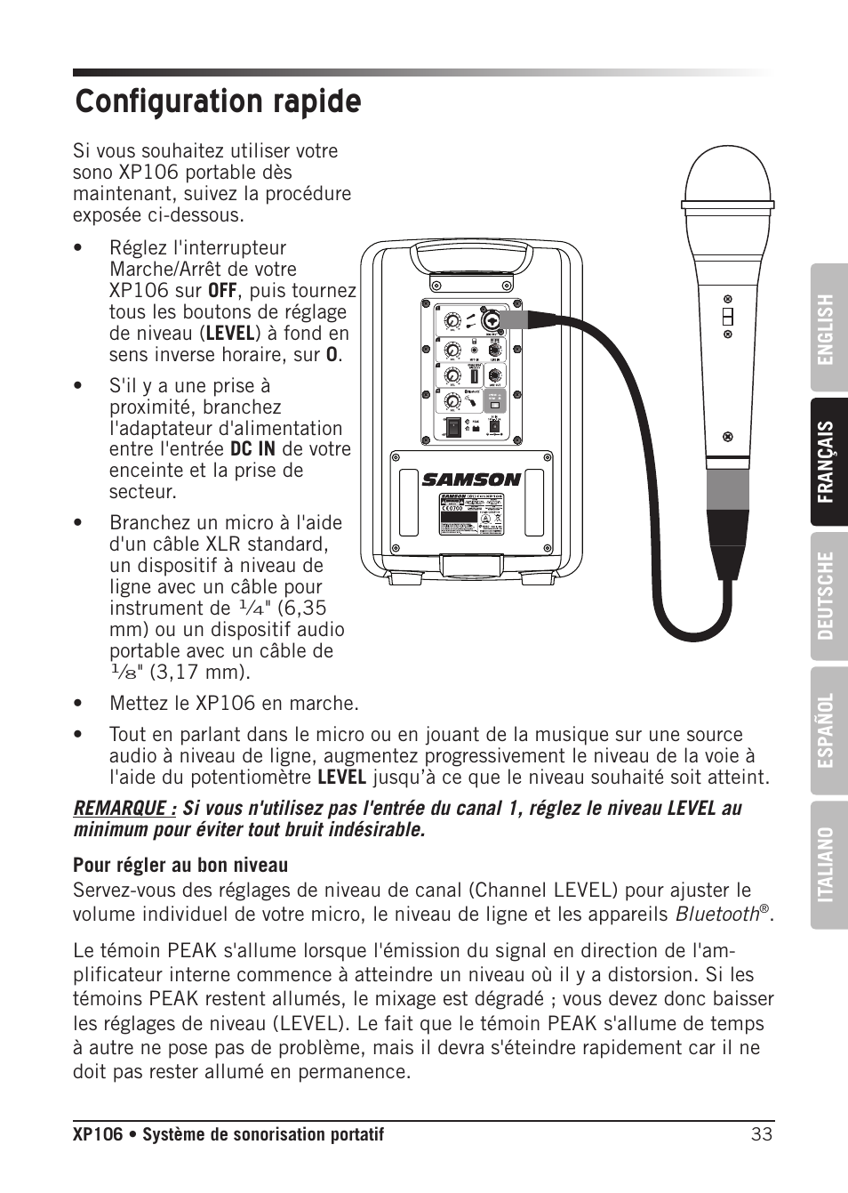 Configuration rapide | Samson Expedition XP106 Portable PA System with Wired Handheld Mic & Bluetooth User Manual | Page 33 / 112