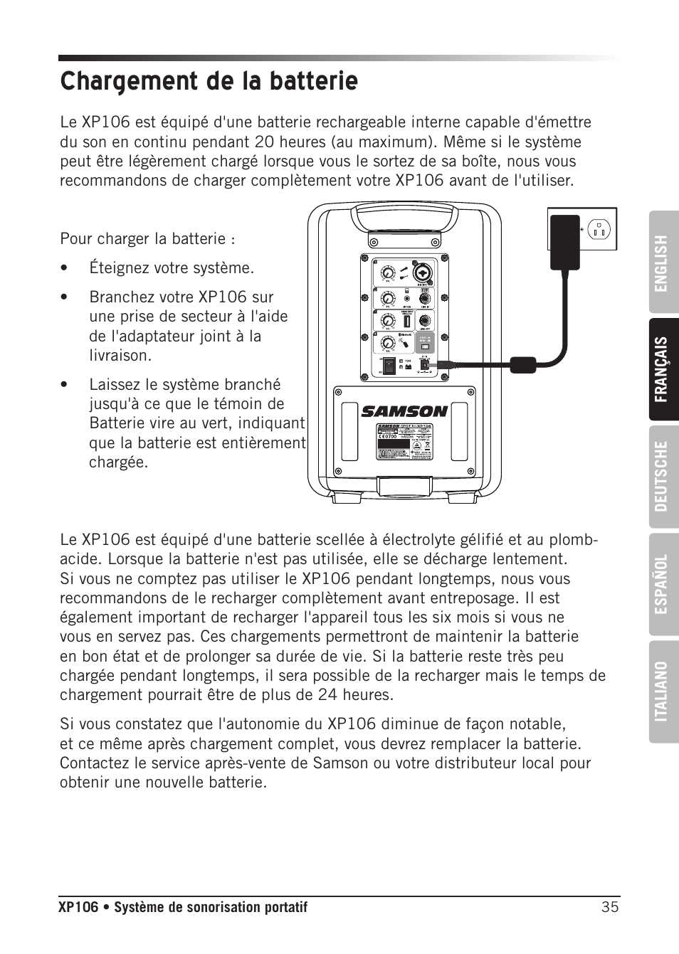 Chargement de la batterie | Samson Expedition XP106 Portable PA System with Wired Handheld Mic & Bluetooth User Manual | Page 35 / 112