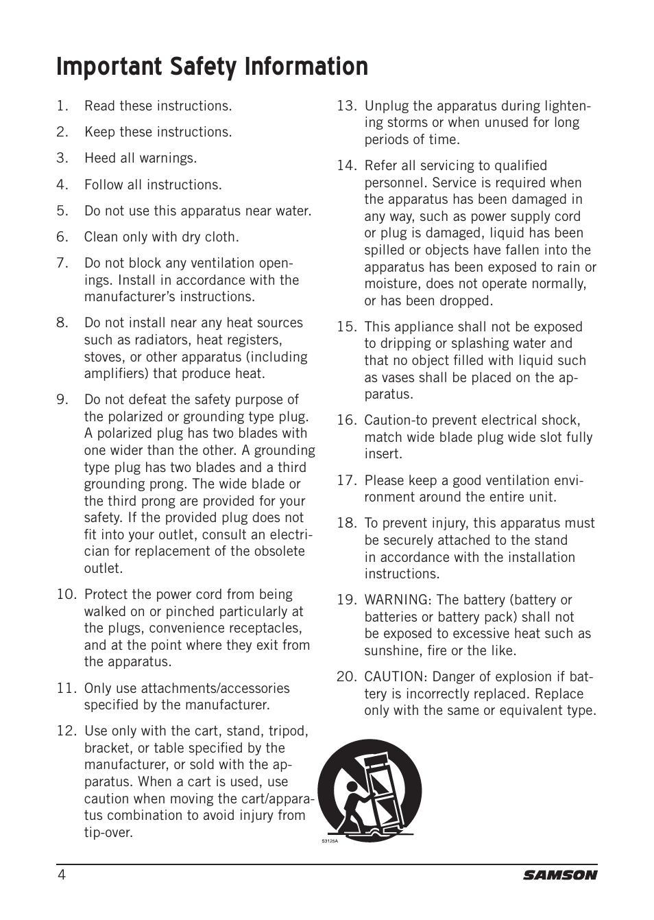 Important safety information | Samson Expedition XP106 Portable PA System with Wired Handheld Mic & Bluetooth User Manual | Page 4 / 112