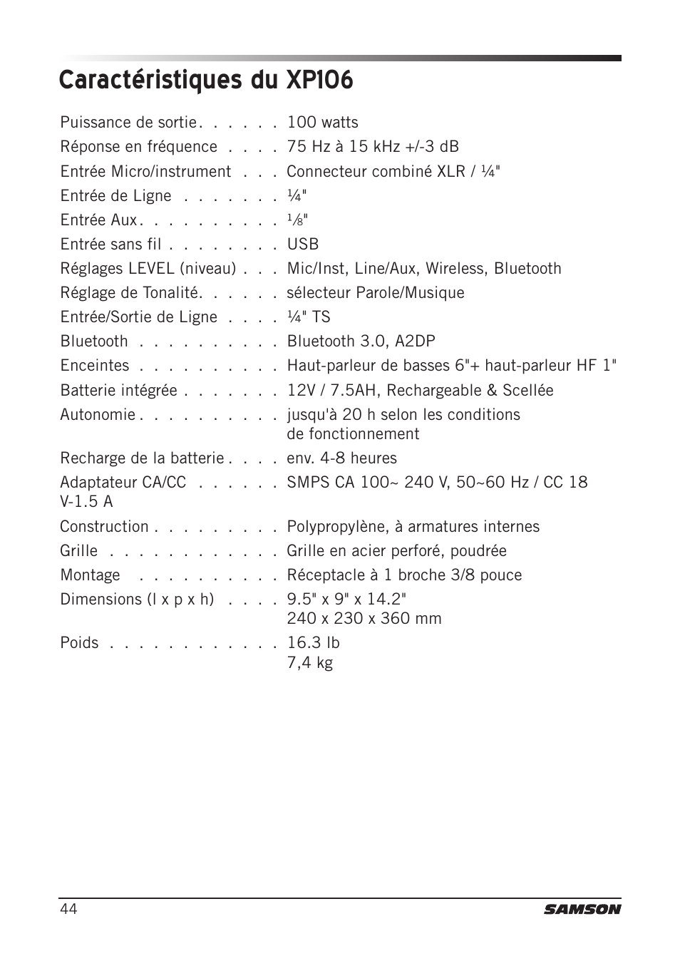 Caractéristiques du xp106 | Samson Expedition XP106 Portable PA System with Wired Handheld Mic & Bluetooth User Manual | Page 44 / 112