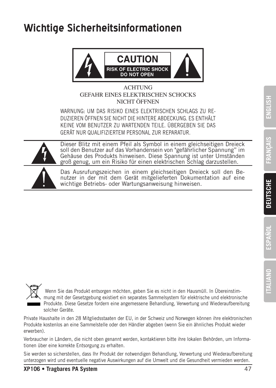 Wichtige sicherheitsinformationen | Samson Expedition XP106 Portable PA System with Wired Handheld Mic & Bluetooth User Manual | Page 47 / 112