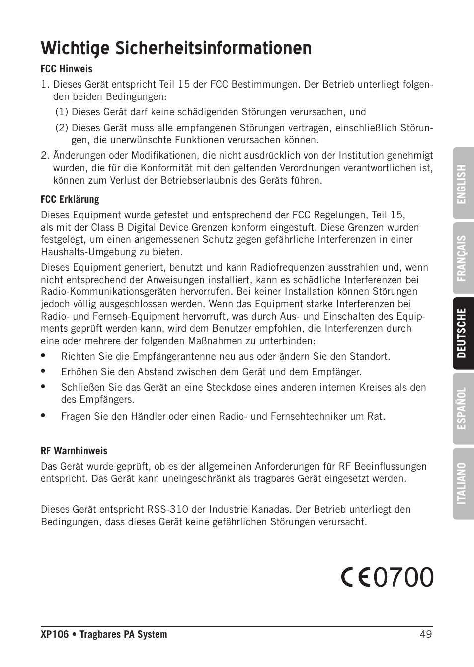 Wichtige sicherheitsinformationen | Samson Expedition XP106 Portable PA System with Wired Handheld Mic & Bluetooth User Manual | Page 49 / 112