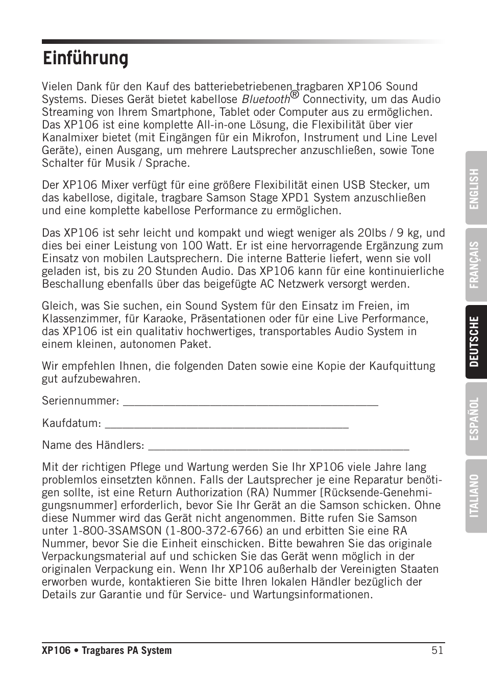 Einführung | Samson Expedition XP106 Portable PA System with Wired Handheld Mic & Bluetooth User Manual | Page 51 / 112