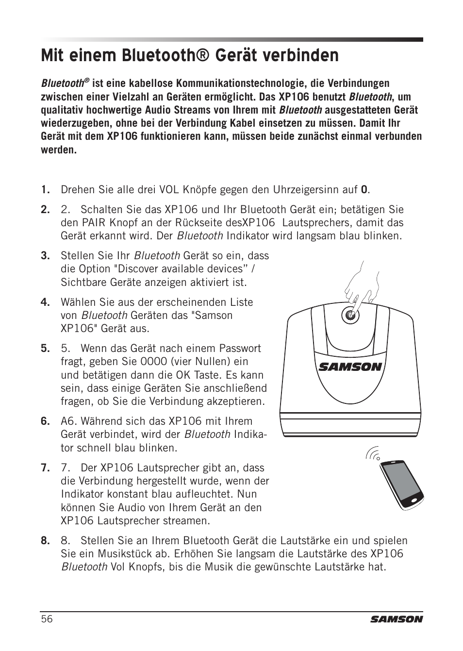 Mit einem bluetooth® gerät verbinden | Samson Expedition XP106 Portable PA System with Wired Handheld Mic & Bluetooth User Manual | Page 56 / 112