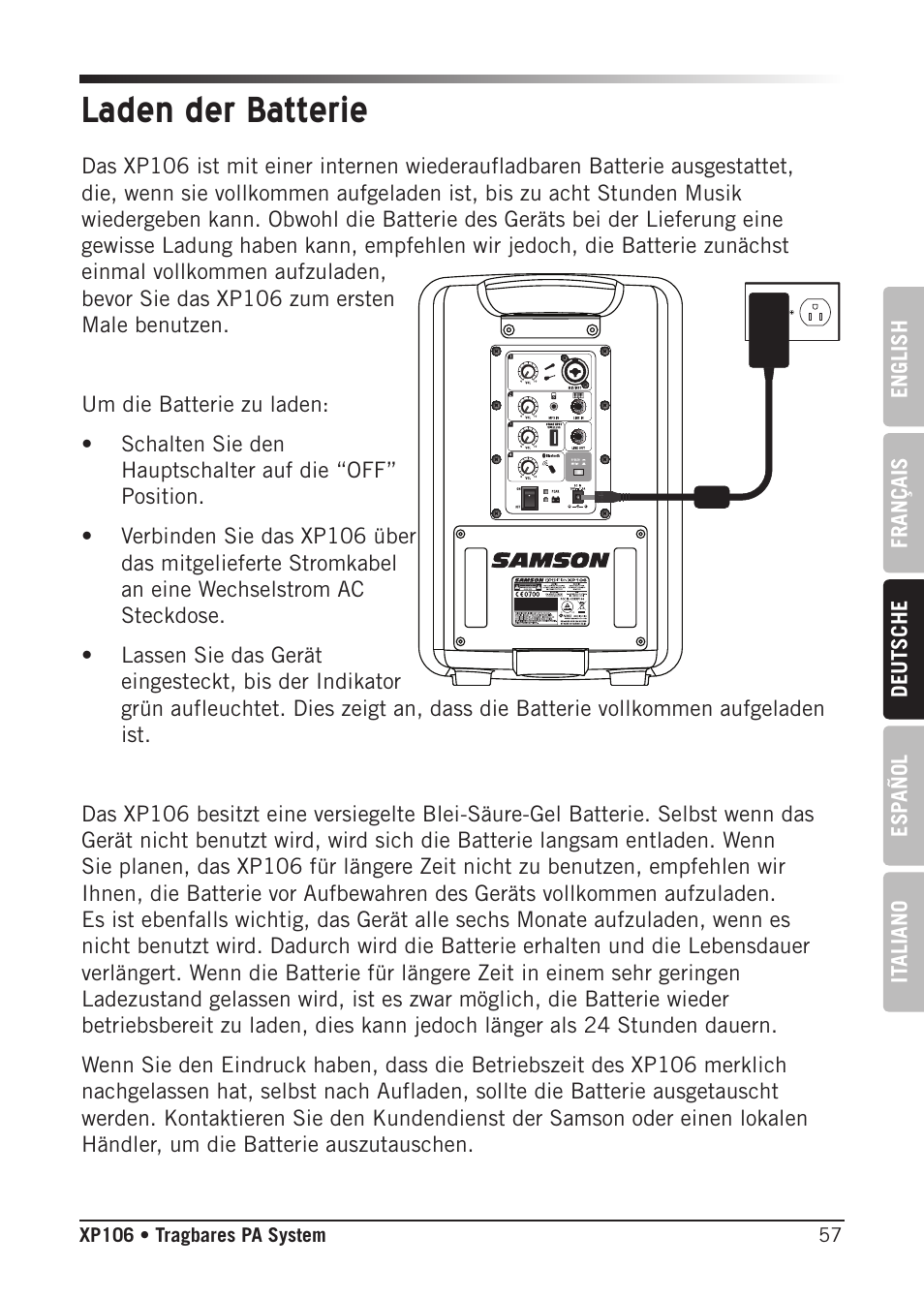 Laden der batterie | Samson Expedition XP106 Portable PA System with Wired Handheld Mic & Bluetooth User Manual | Page 57 / 112