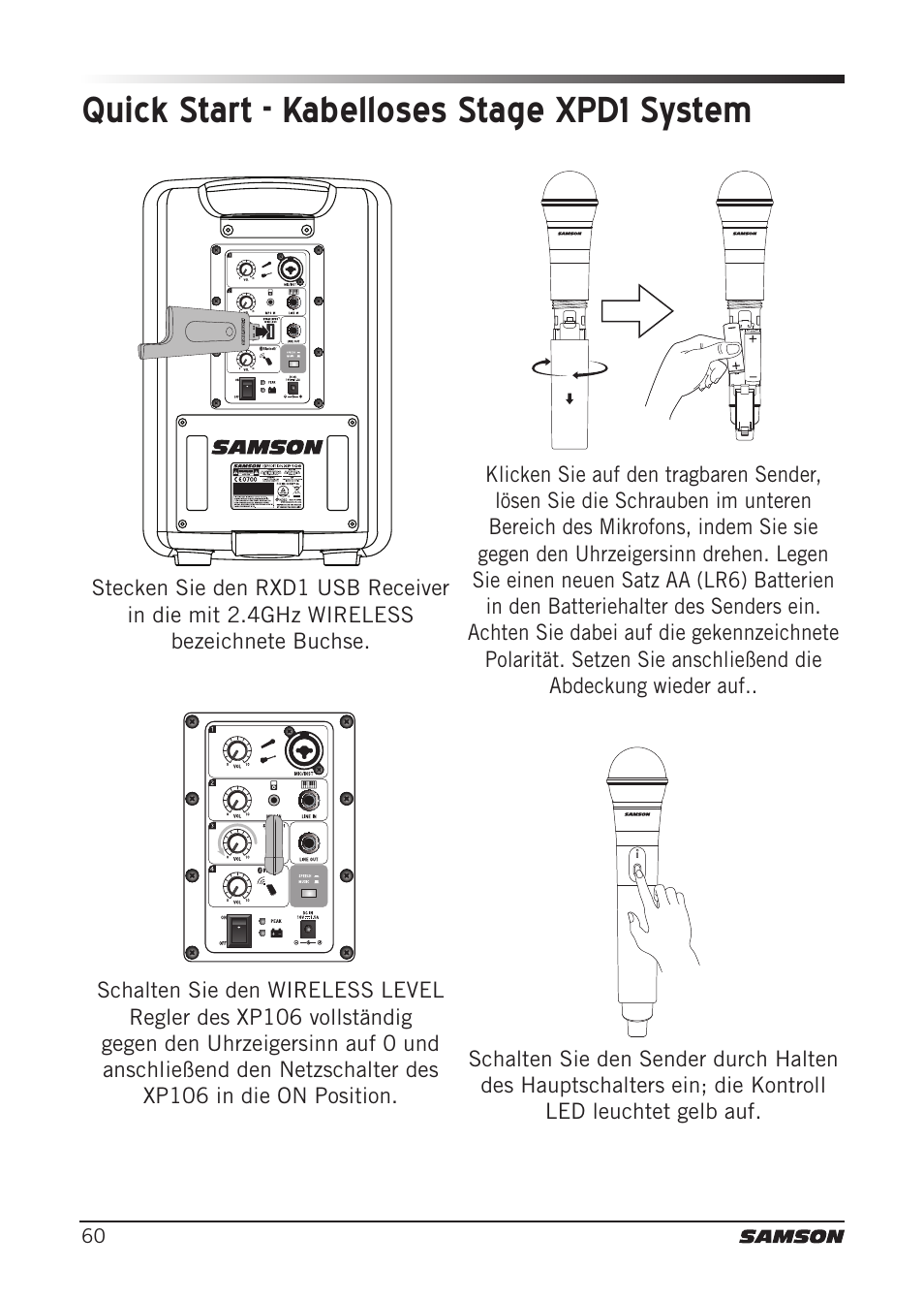 Quick start - kabelloses stage xpd1 system | Samson Expedition XP106 Portable PA System with Wired Handheld Mic & Bluetooth User Manual | Page 60 / 112