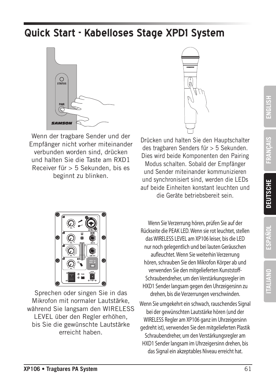 Quick start - kabelloses stage xpd1 system | Samson Expedition XP106 Portable PA System with Wired Handheld Mic & Bluetooth User Manual | Page 61 / 112