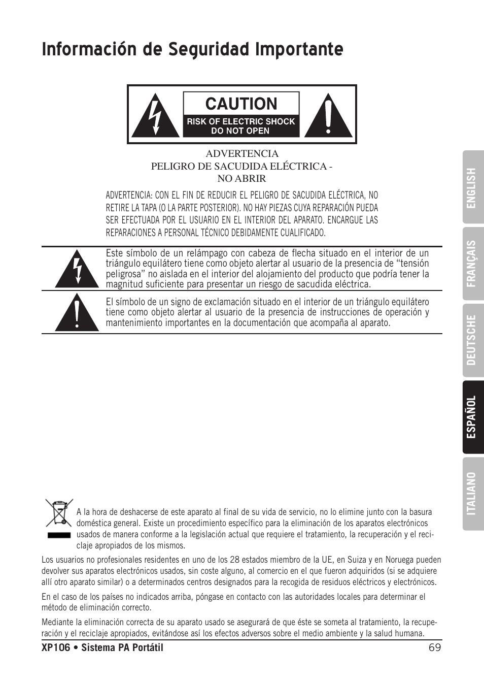 Información de seguridad importante | Samson Expedition XP106 Portable PA System with Wired Handheld Mic & Bluetooth User Manual | Page 69 / 112