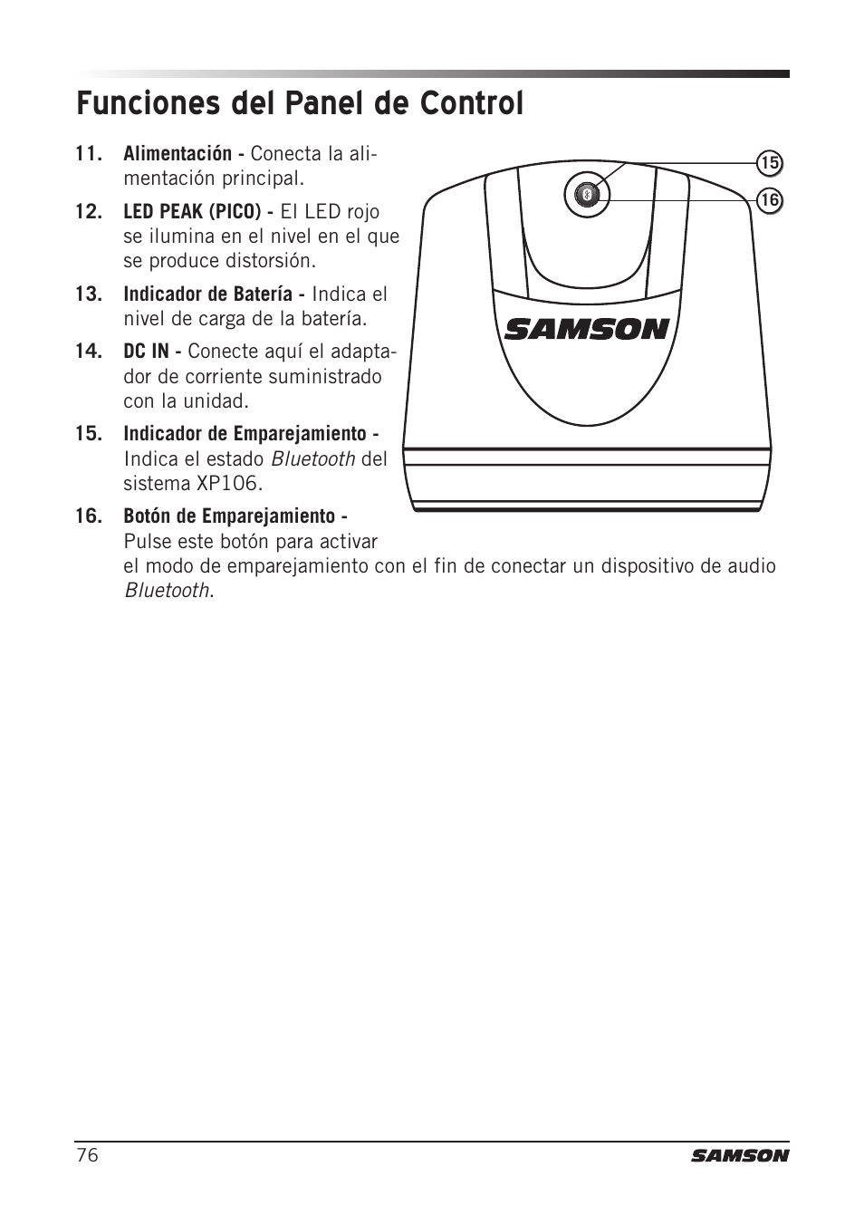 Funciones del panel de control | Samson Expedition XP106 Portable PA System with Wired Handheld Mic & Bluetooth User Manual | Page 76 / 112