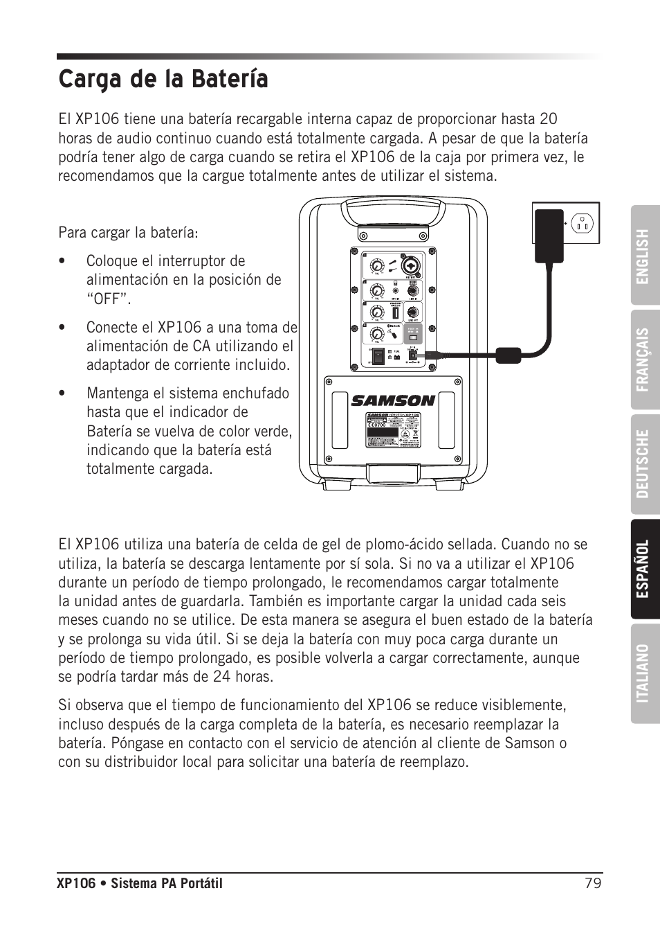 Carga de la batería | Samson Expedition XP106 Portable PA System with Wired Handheld Mic & Bluetooth User Manual | Page 79 / 112