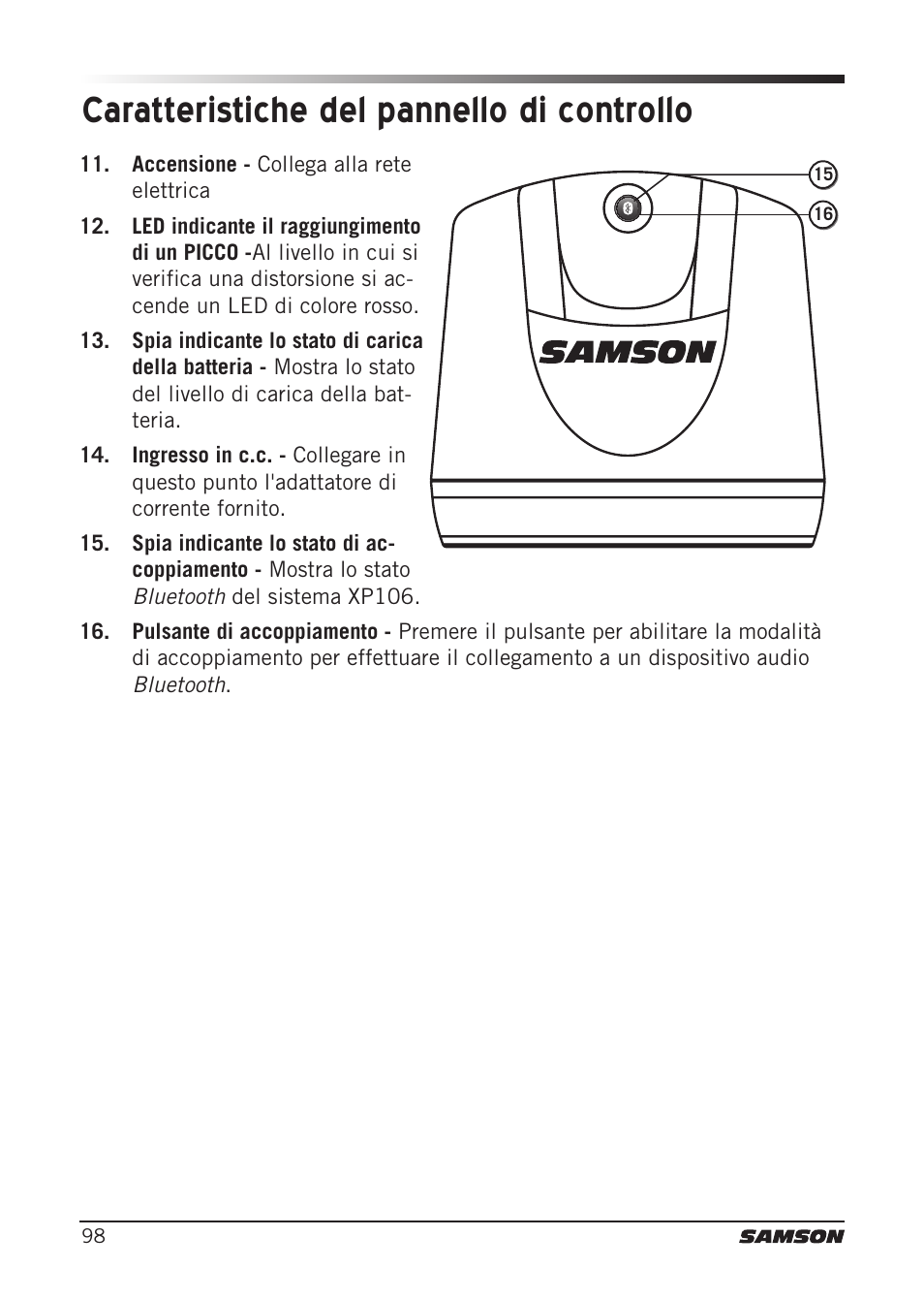 Caratteristiche del pannello di controllo | Samson Expedition XP106 Portable PA System with Wired Handheld Mic & Bluetooth User Manual | Page 98 / 112