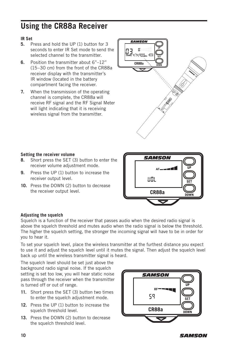 Using the cr88a receiver | Samson Expedition XP312w-D 12" 300W Portable PA System with Wireless Microphone (Band D: 542 to 566 MHz) User Manual | Page 10 / 88