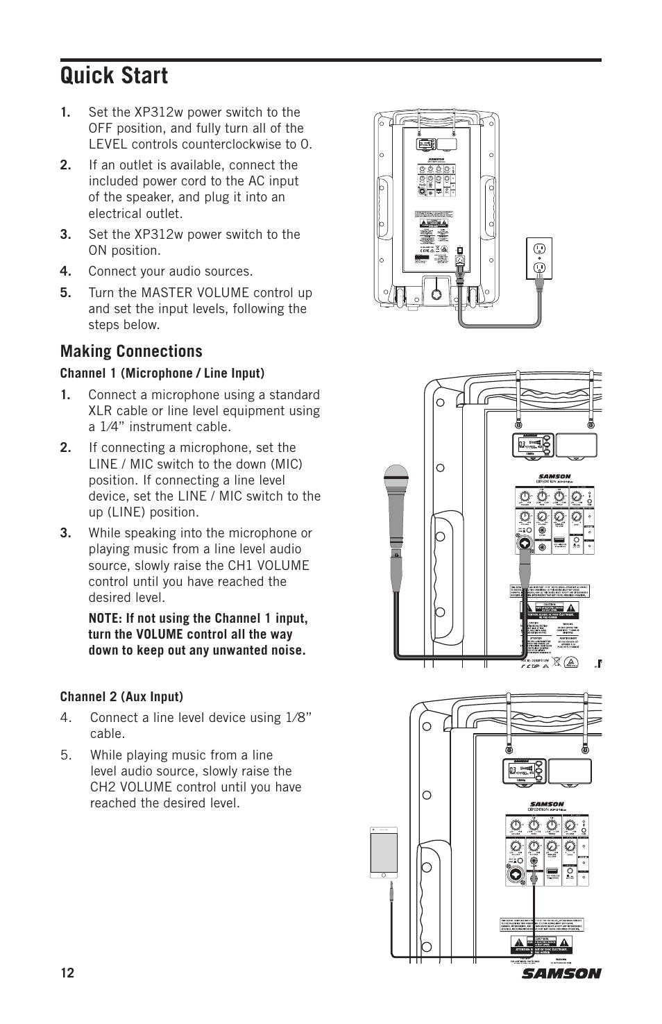 Quick start, Making connections | Samson Expedition XP312w-D 12" 300W Portable PA System with Wireless Microphone (Band D: 542 to 566 MHz) User Manual | Page 12 / 88