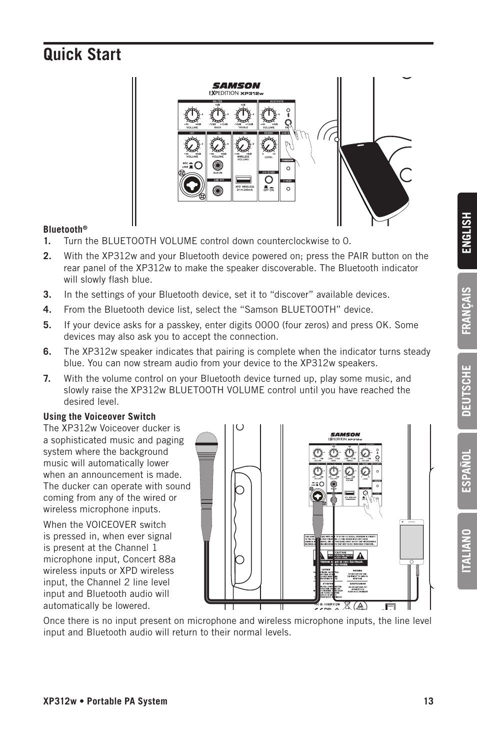 Quick start | Samson Expedition XP312w-D 12" 300W Portable PA System with Wireless Microphone (Band D: 542 to 566 MHz) User Manual | Page 13 / 88