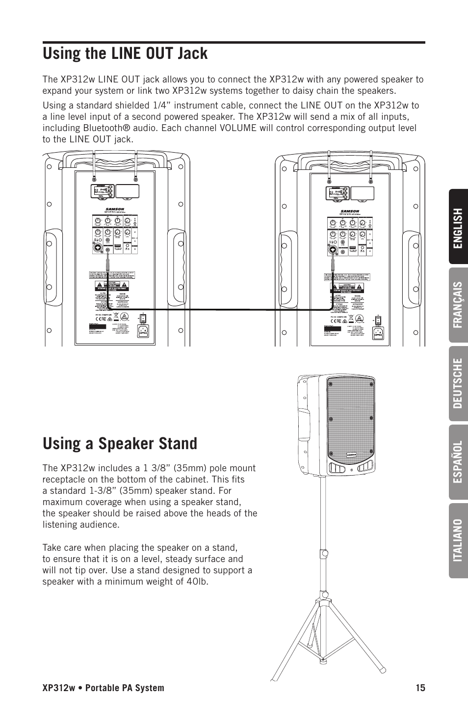 Using the line out jack using a speaker stand | Samson Expedition XP312w-D 12" 300W Portable PA System with Wireless Microphone (Band D: 542 to 566 MHz) User Manual | Page 15 / 88