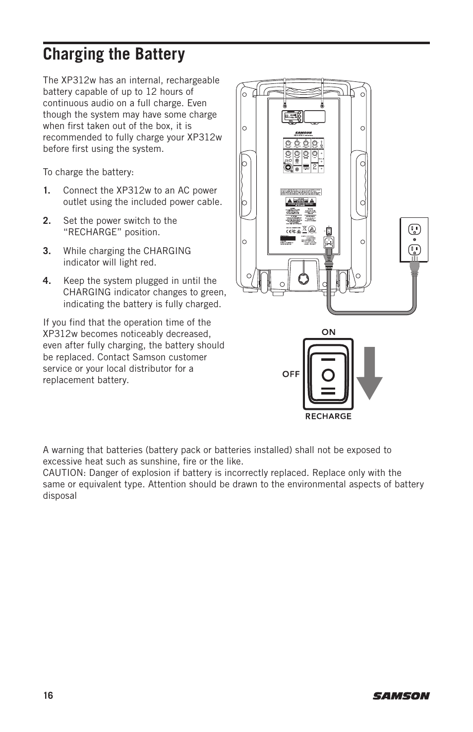 Charging the battery | Samson Expedition XP312w-D 12" 300W Portable PA System with Wireless Microphone (Band D: 542 to 566 MHz) User Manual | Page 16 / 88