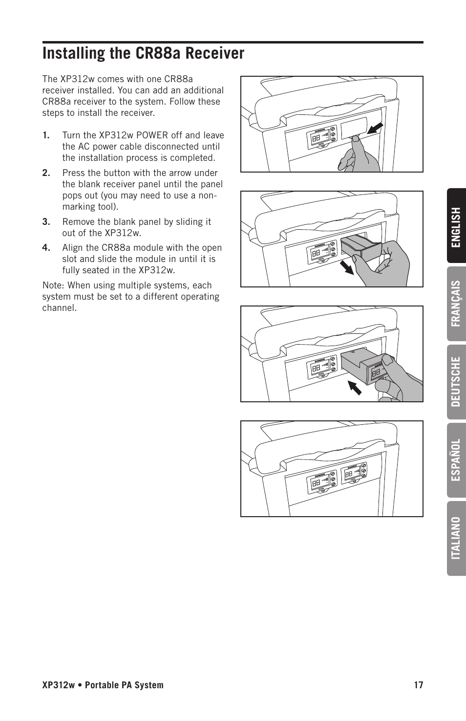 Installing the cr88a receiver | Samson Expedition XP312w-D 12" 300W Portable PA System with Wireless Microphone (Band D: 542 to 566 MHz) User Manual | Page 17 / 88