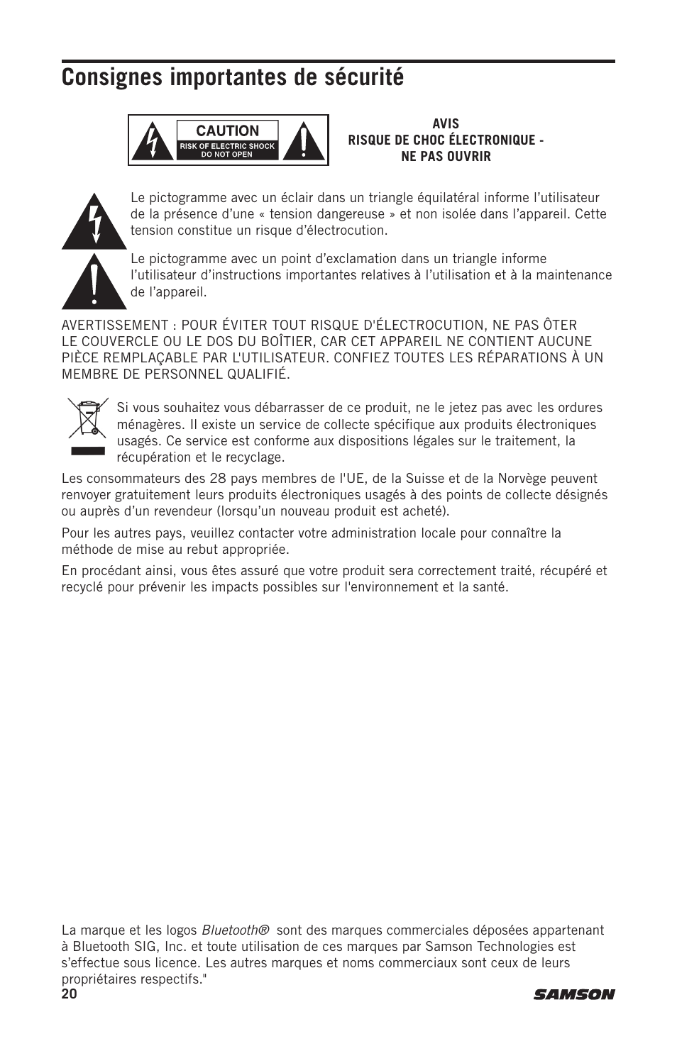 Consignes importantes de sécurité | Samson Expedition XP312w-D 12" 300W Portable PA System with Wireless Microphone (Band D: 542 to 566 MHz) User Manual | Page 20 / 88